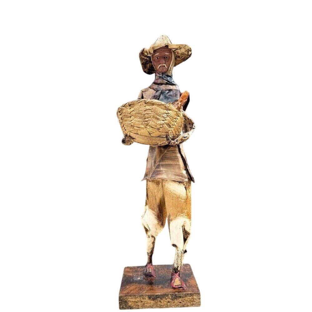 Folk Art Mexican Farmer Sculpture Straw Basket Harvest Decor Handmade Vintage